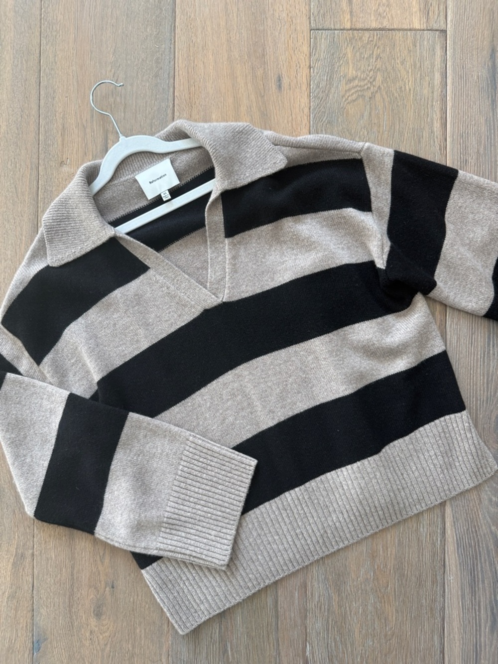 Reformation Taupe & Black Striped V-Neck Polo Cashmere Sweater in XS